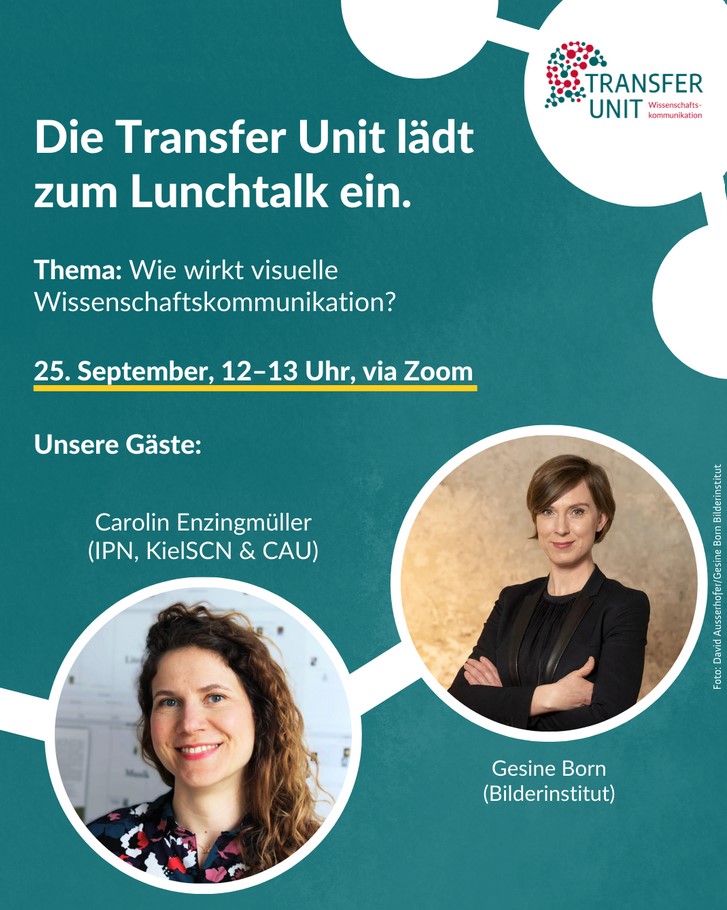 Die Transfer Unit lädt ein zum Lunchtalk. Thema: Wie wirkt visuelle Wissenschaftskommunikation? 25. Sep. 12-13 Uhr via Zoom. Unsere Gäste Carolin Enzigmüller (IPN, CAU, KielSCN) und Gesine Born (Bilderinstitut)